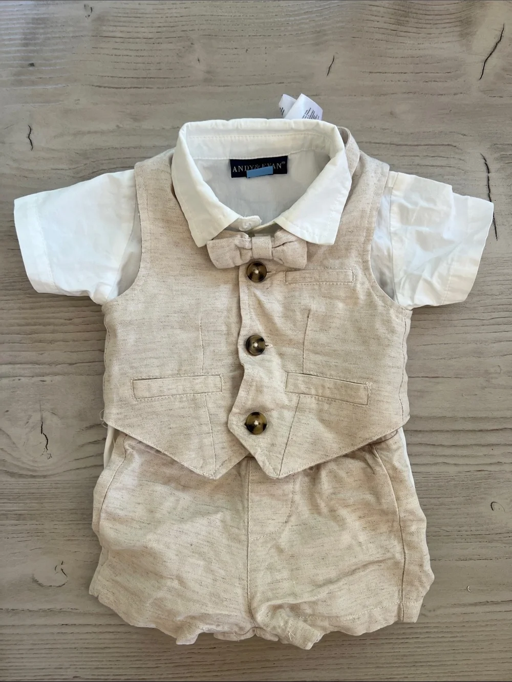 Andy & Evan Beige Vest, Shorts & White Button Bodysuit Set